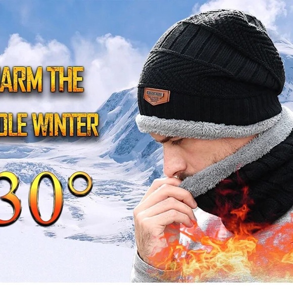 2 pieces winter hats scarf beanie unisex women’s and men color black - Picture 3 of 8